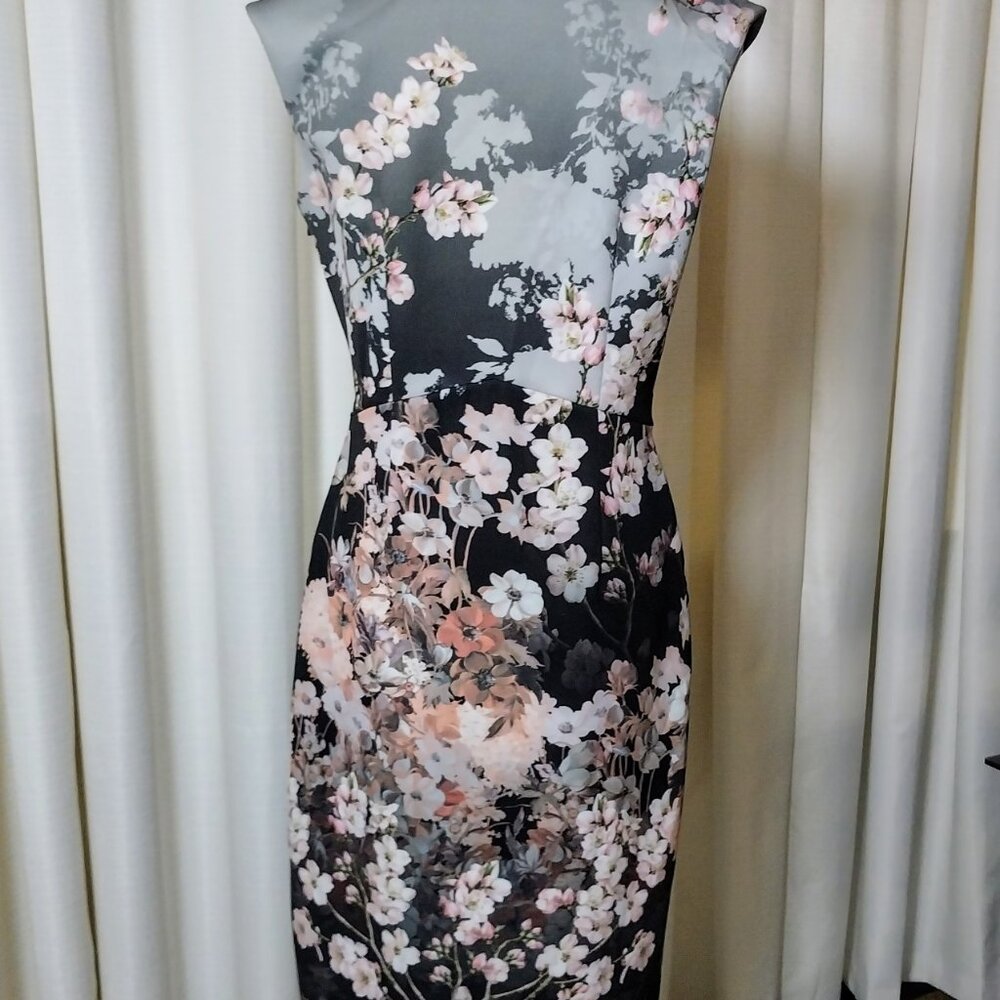 PHASE EIGHT SIZE 10 GRAY & PINK V NECK FLORAL MIDI DRESS - Picture 11 of 12